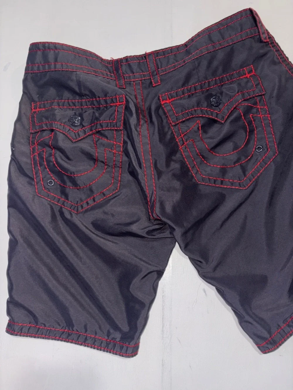 Men's Black TRUE RELIGION BOARD SHORTS with Red Stitching - GENTLY USED - Picture 4 of 5